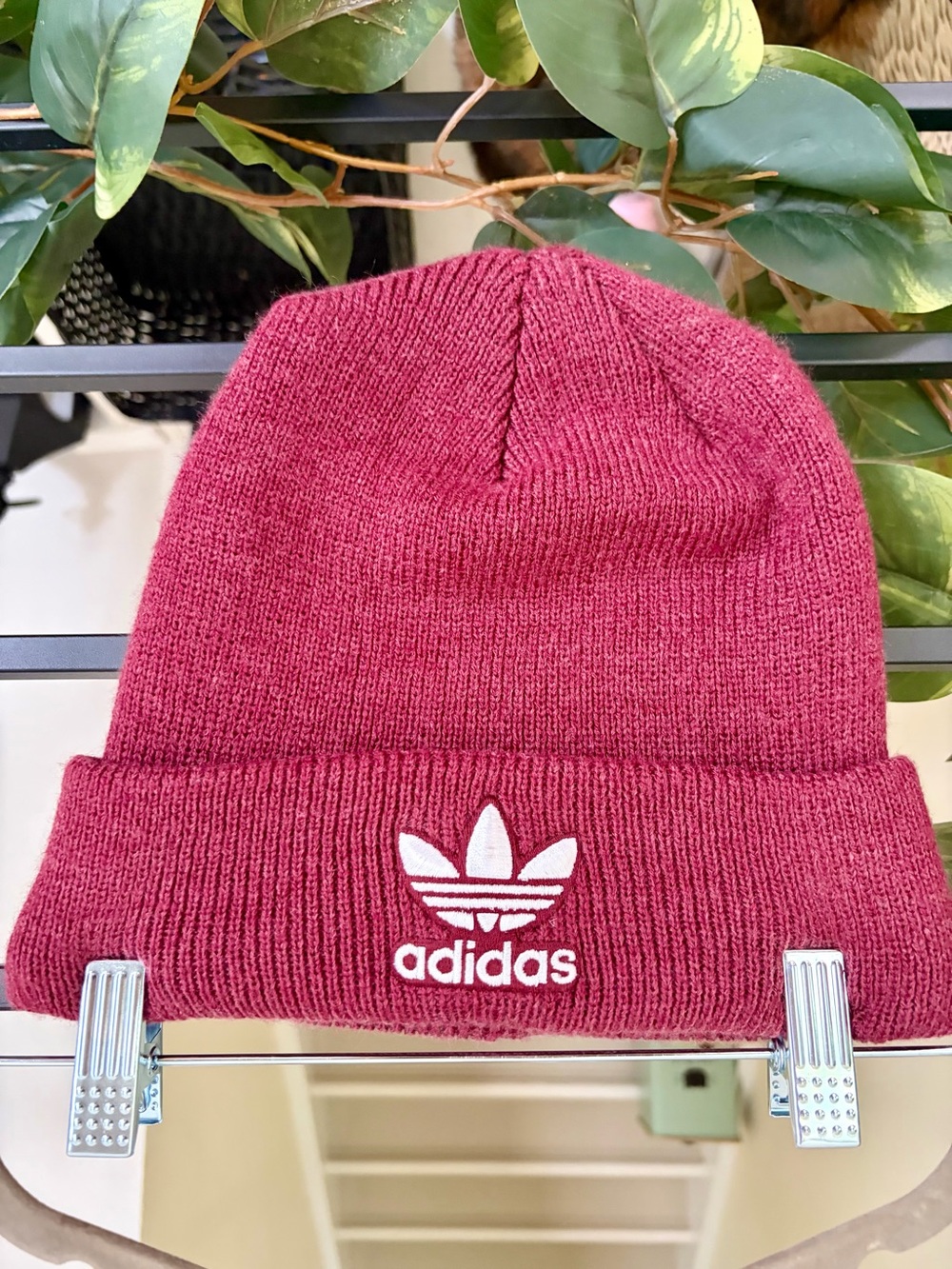 adidas Kids Maroon Knit Beanie with White Trefoil Logo